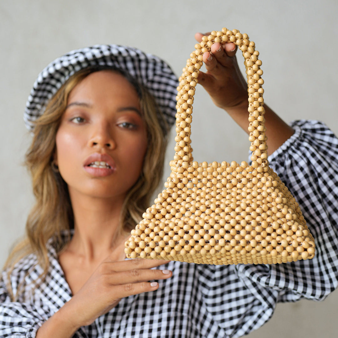 Pyramid Beaded Tote Bag in Toasted Beige by BrunnaCo