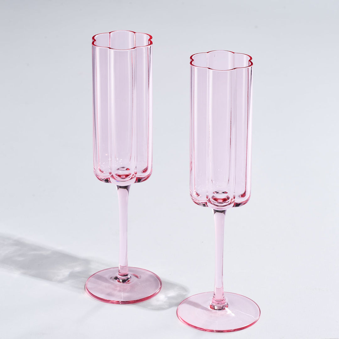 Flower Vintage Champagne Flute Glassware - Set of 2 - 7.4 oz Colorful Cocktail, Martini & Champagne Glasses, Prosecco, Mimosa Glasses Set, Cocktail Glass, Bar Glassware Luster Glasses 9" X 2" (Pink) by The Wine Savant