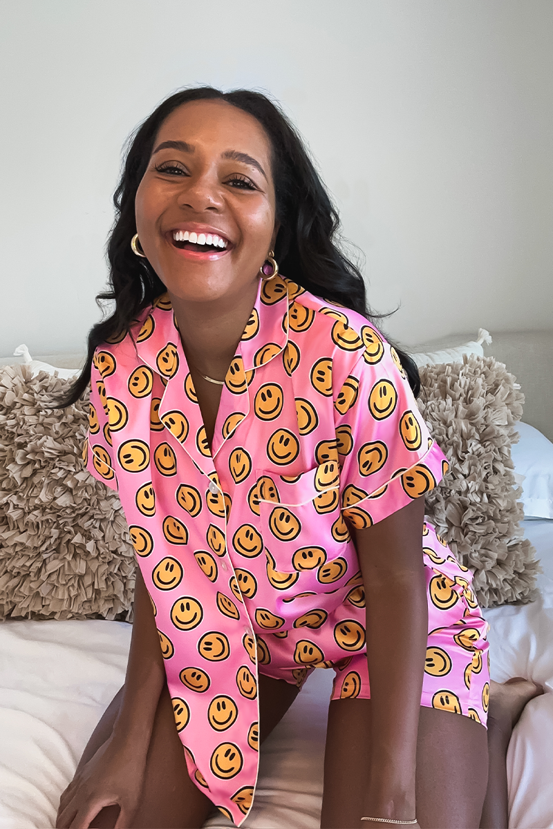 Pink Smiley Satin pajamas by Spikes and Seams