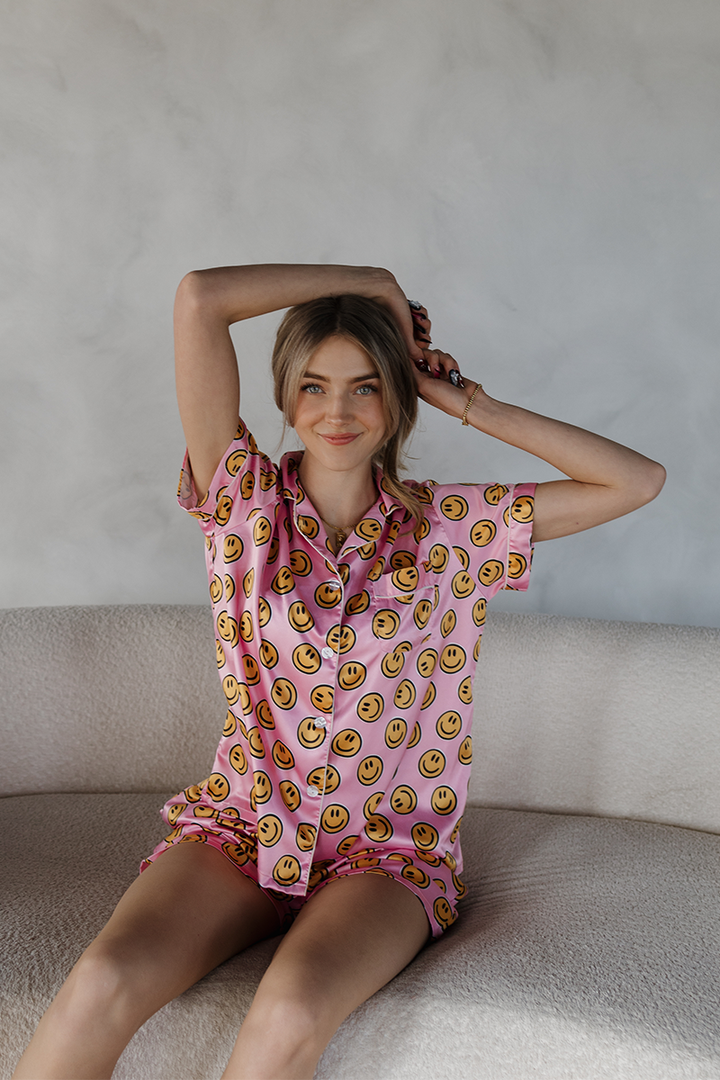 Pink Smiley Satin pajamas by Spikes and Seams