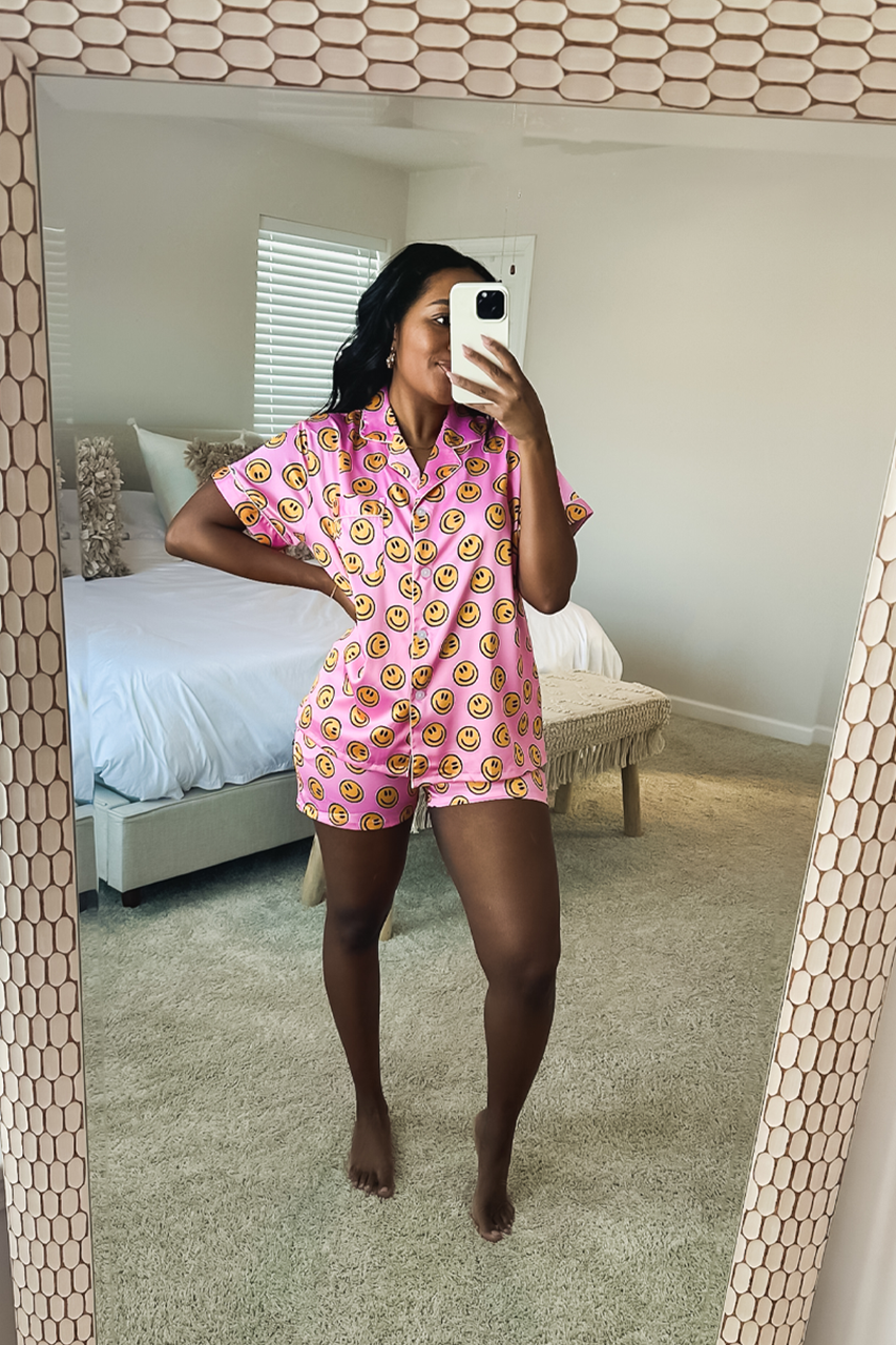 Pink Smiley Satin pajamas by Spikes and Seams