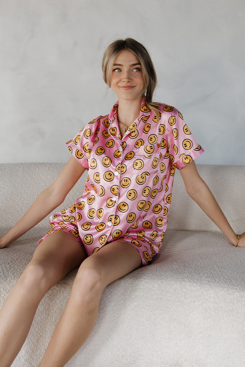 Pink Smiley Satin pajamas by Spikes and Seams