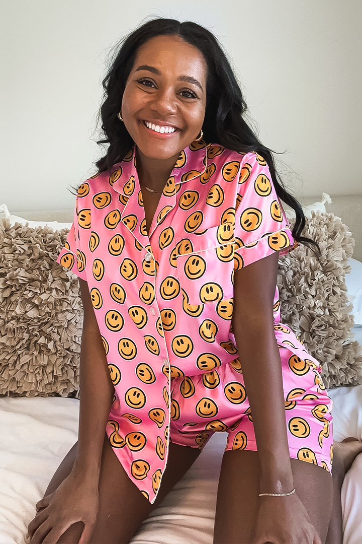 Pink Smiley Satin pajamas by Spikes and Seams