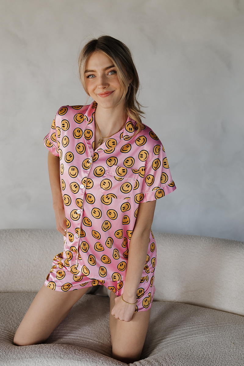 Pink Smiley Satin pajamas by Spikes and Seams