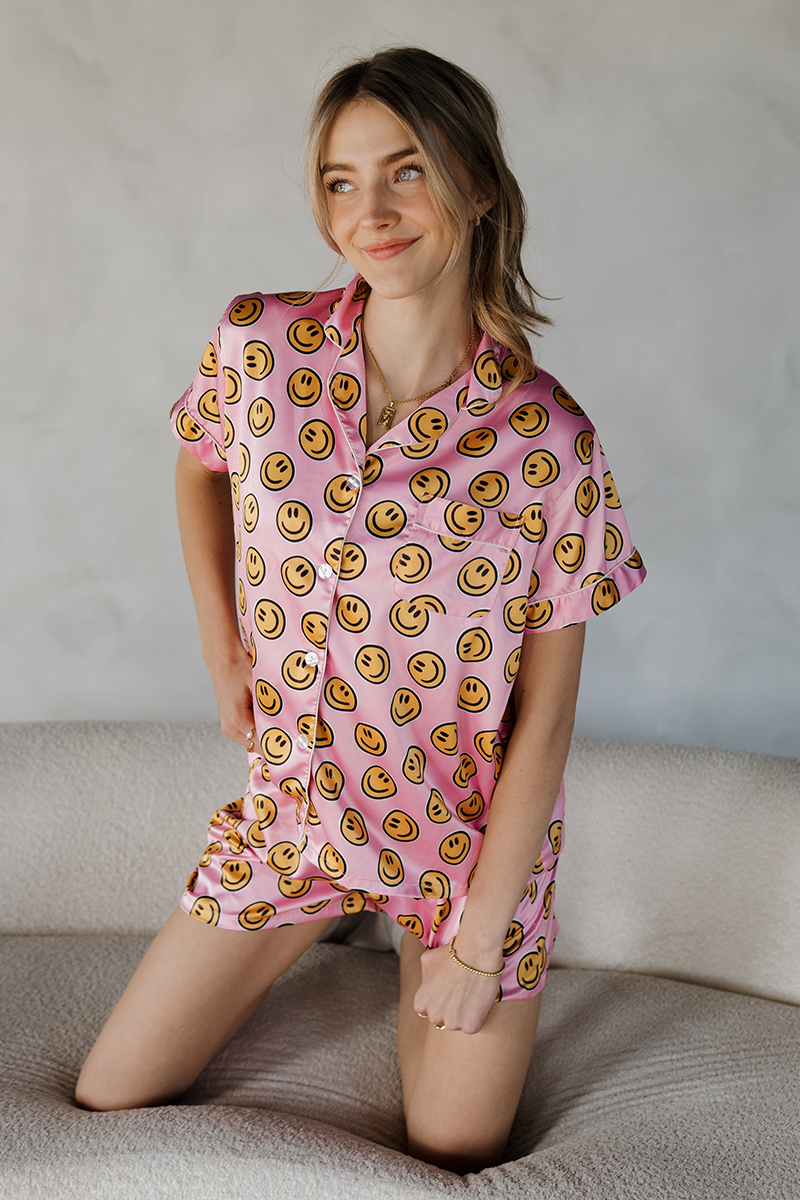 Pink Smiley Satin pajamas by Spikes and Seams