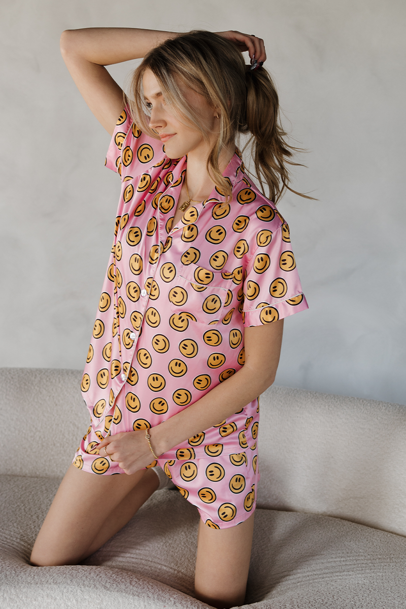 Pink Smiley Satin pajamas by Spikes and Seams