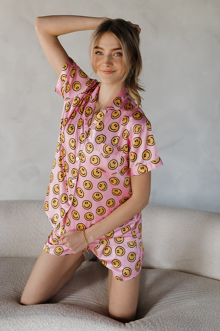 Pink Smiley Satin pajamas by Spikes and Seams