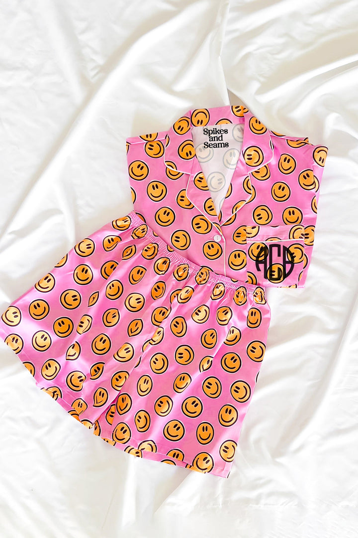 Pink Smiley Satin pajamas by Spikes and Seams