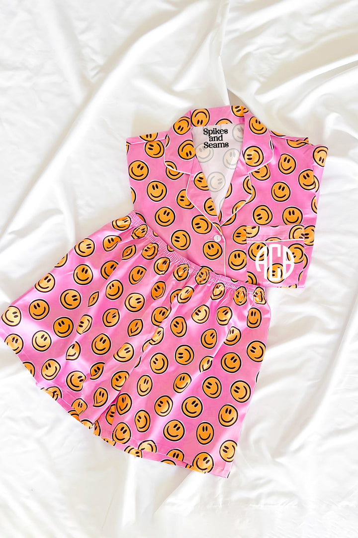 Pink Smiley Satin pajamas by Spikes and Seams