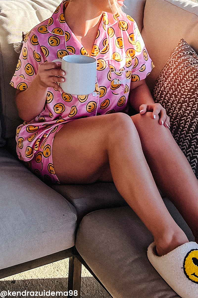 Pink Smiley Satin pajamas by Spikes and Seams