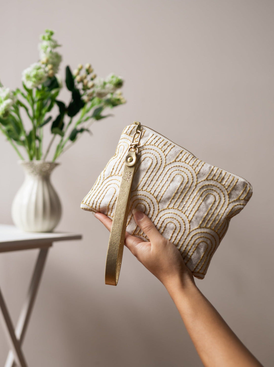 Josephine Embroidered Gold and White Wristlet Purse by Ash & Rose