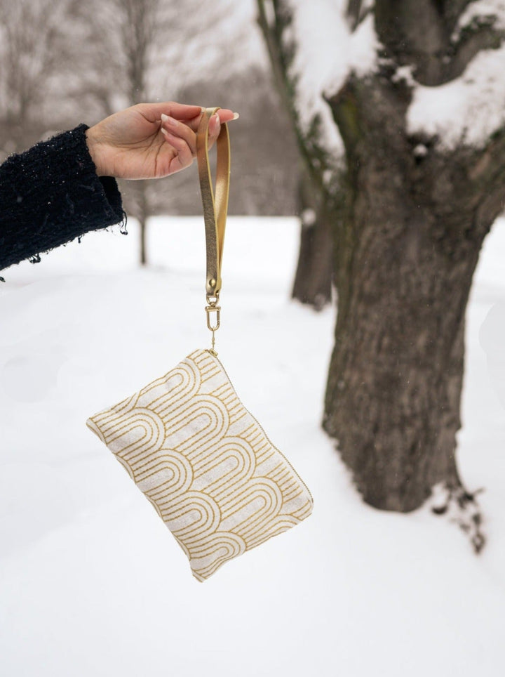 Josephine Embroidered Gold and White Wristlet Purse by Ash & Rose