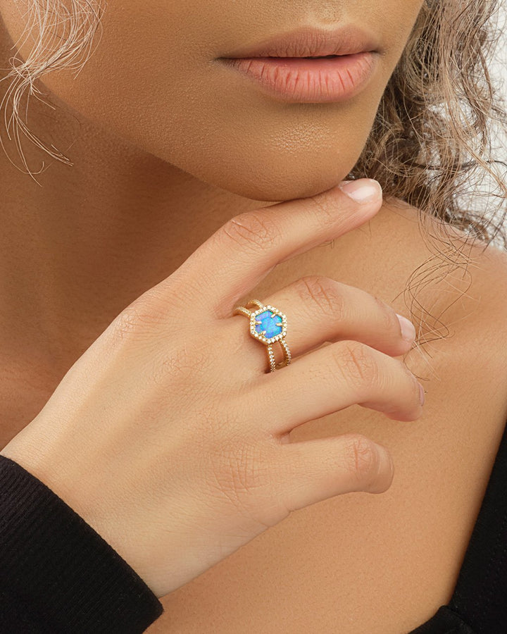 14K Gold Plated Sterling Silver Created Opal Gemstone Double Row Band Ring by Sterling Forever