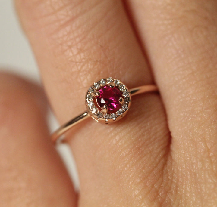 14k Gold Ruby with Diamond Halo Engagement Ring by VicStonenNYC Fine Jewelry