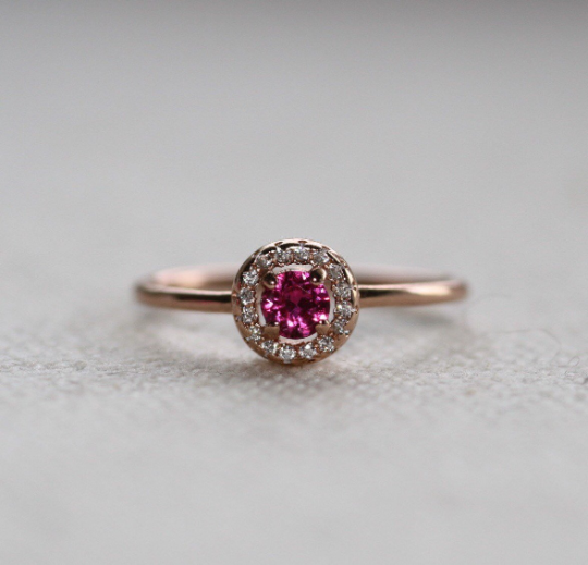 14k Gold Ruby with Diamond Halo Engagement Ring by VicStonenNYC Fine Jewelry