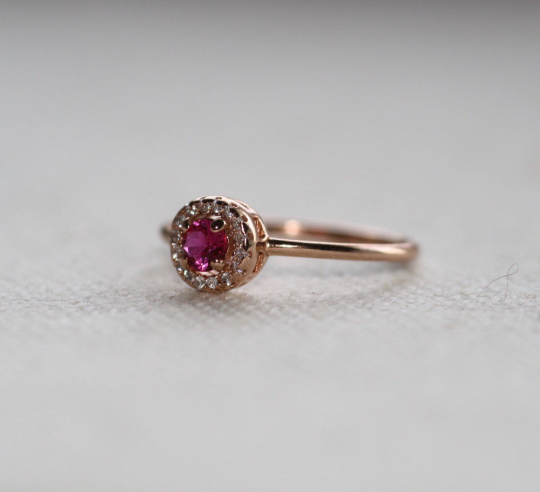 14k Gold Ruby with Diamond Halo Engagement Ring by VicStonenNYC Fine Jewelry