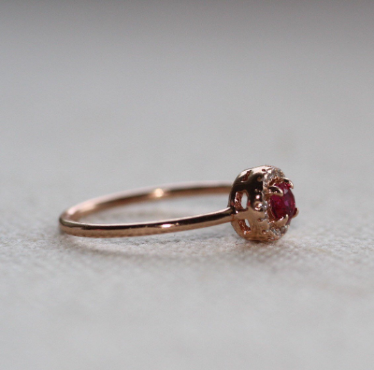 14k Gold Ruby with Diamond Halo Engagement Ring by VicStonenNYC Fine Jewelry