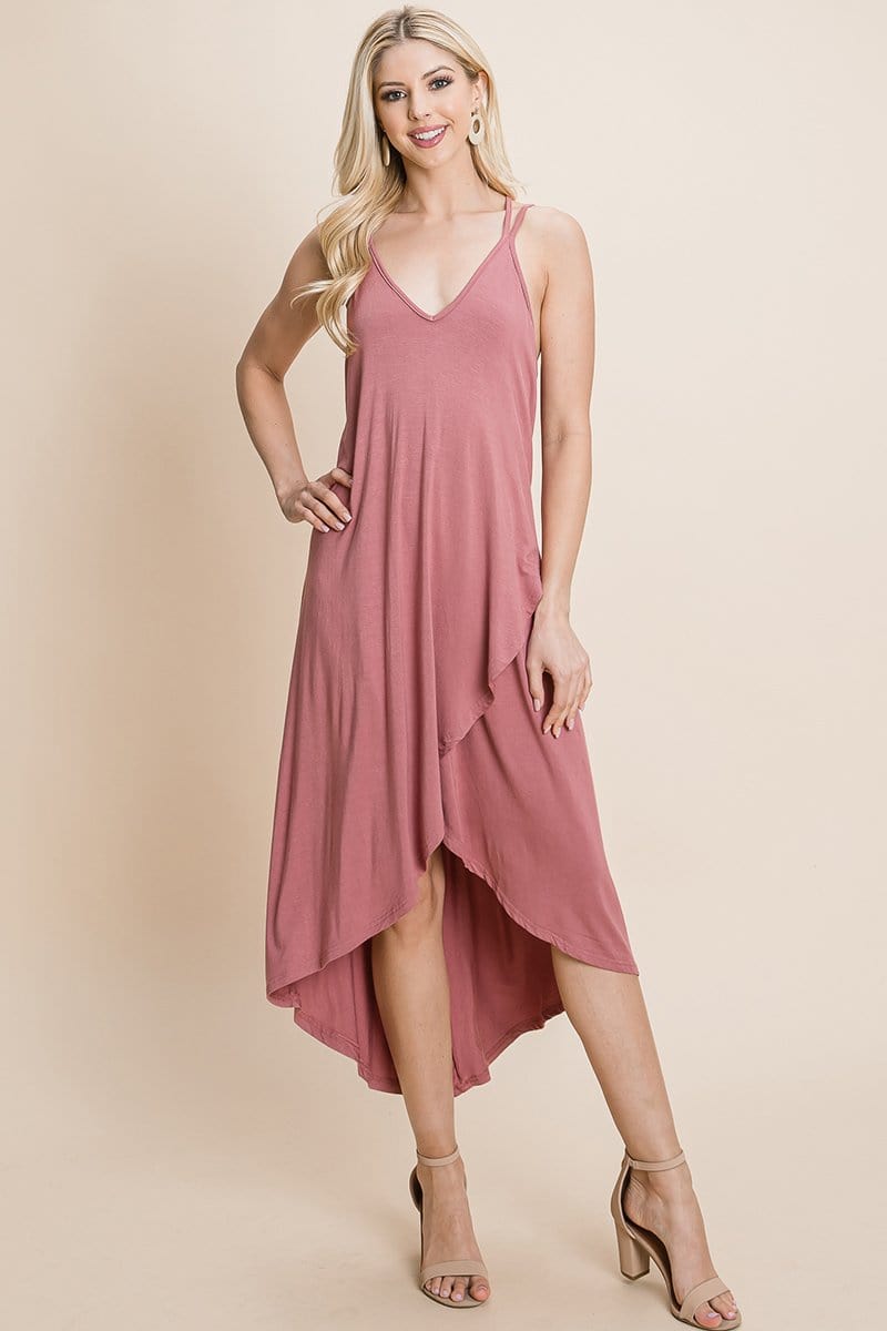 Deep V Cami High Low Hem Crisscrossing Straps Casual Dress by RolyPoly Apparel