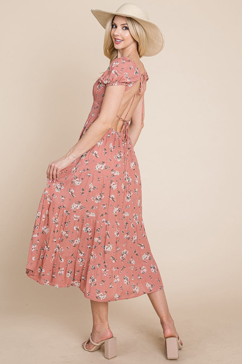 Floral Pleated Open back Midi Dress by RolyPoly Apparel