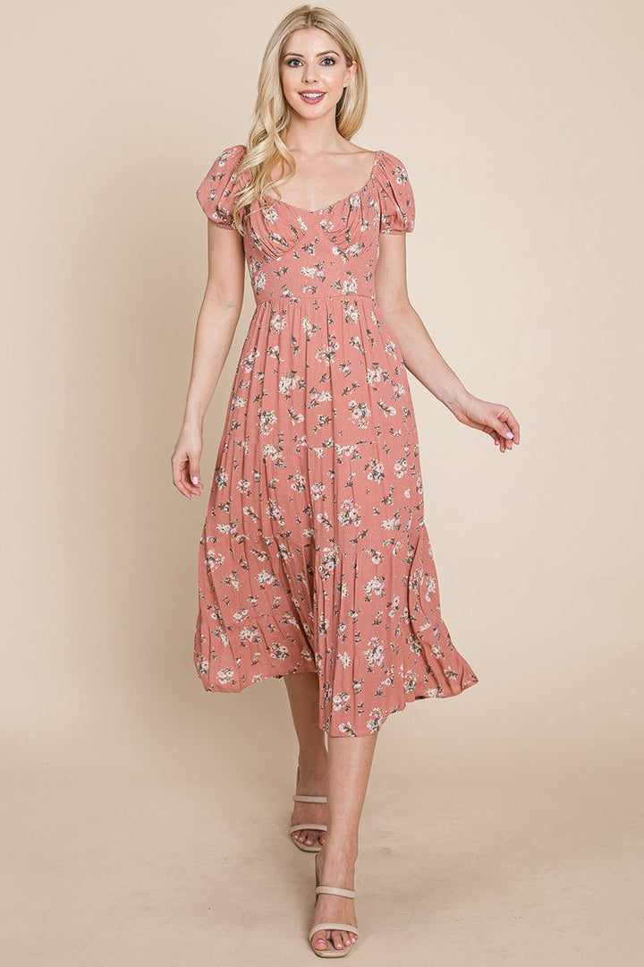 Floral Pleated Open back Midi Dress by RolyPoly Apparel