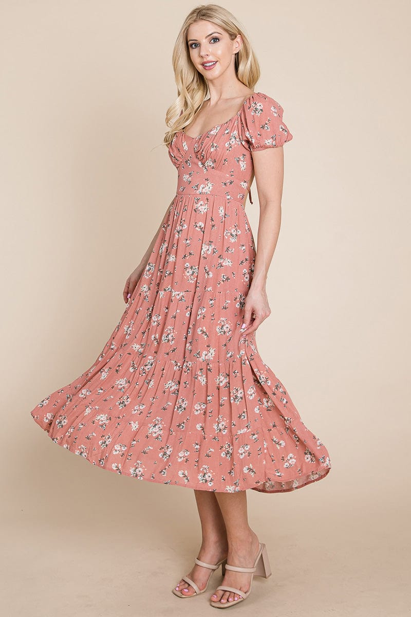 Floral Pleated Open back Midi Dress by RolyPoly Apparel