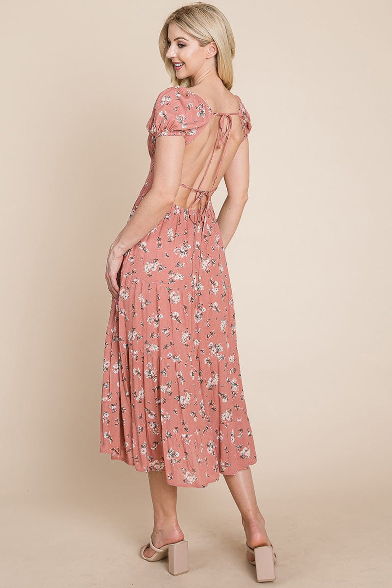 Floral Pleated Open back Midi Dress by RolyPoly Apparel