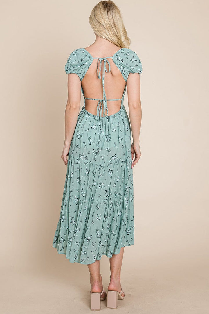 Floral Pleated Open back Midi Dress by RolyPoly Apparel