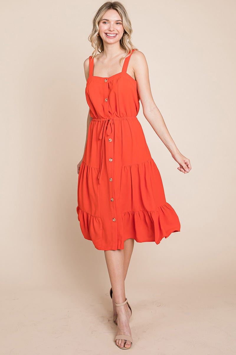 Tiered Square Neck Ruffled Button Midi Sundresses by RolyPoly Apparel