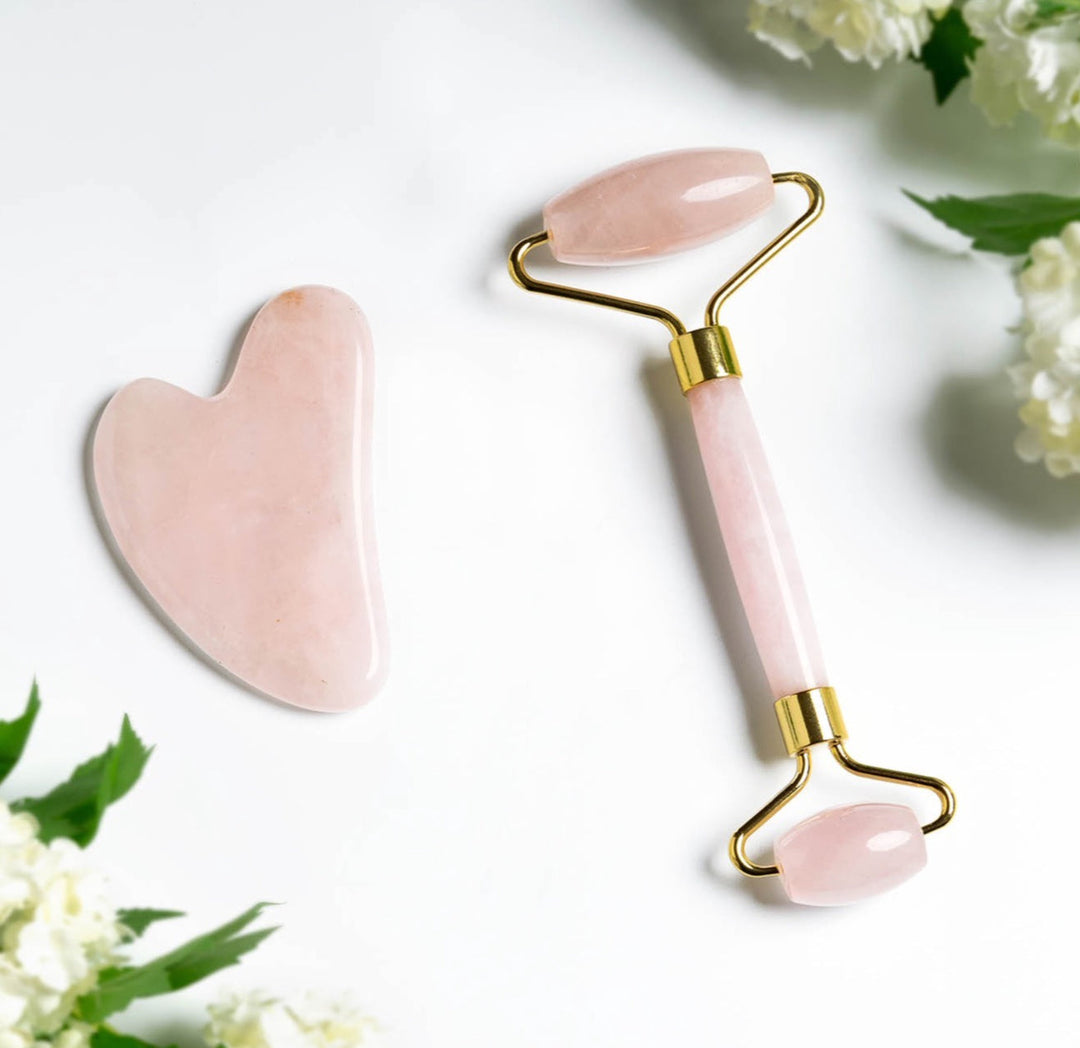 Roller & Gua Sha Set - Genuine Rose Quartz Facial Tools for Radiant Skin, Drain & Sculpt by CHADO Cosmetics