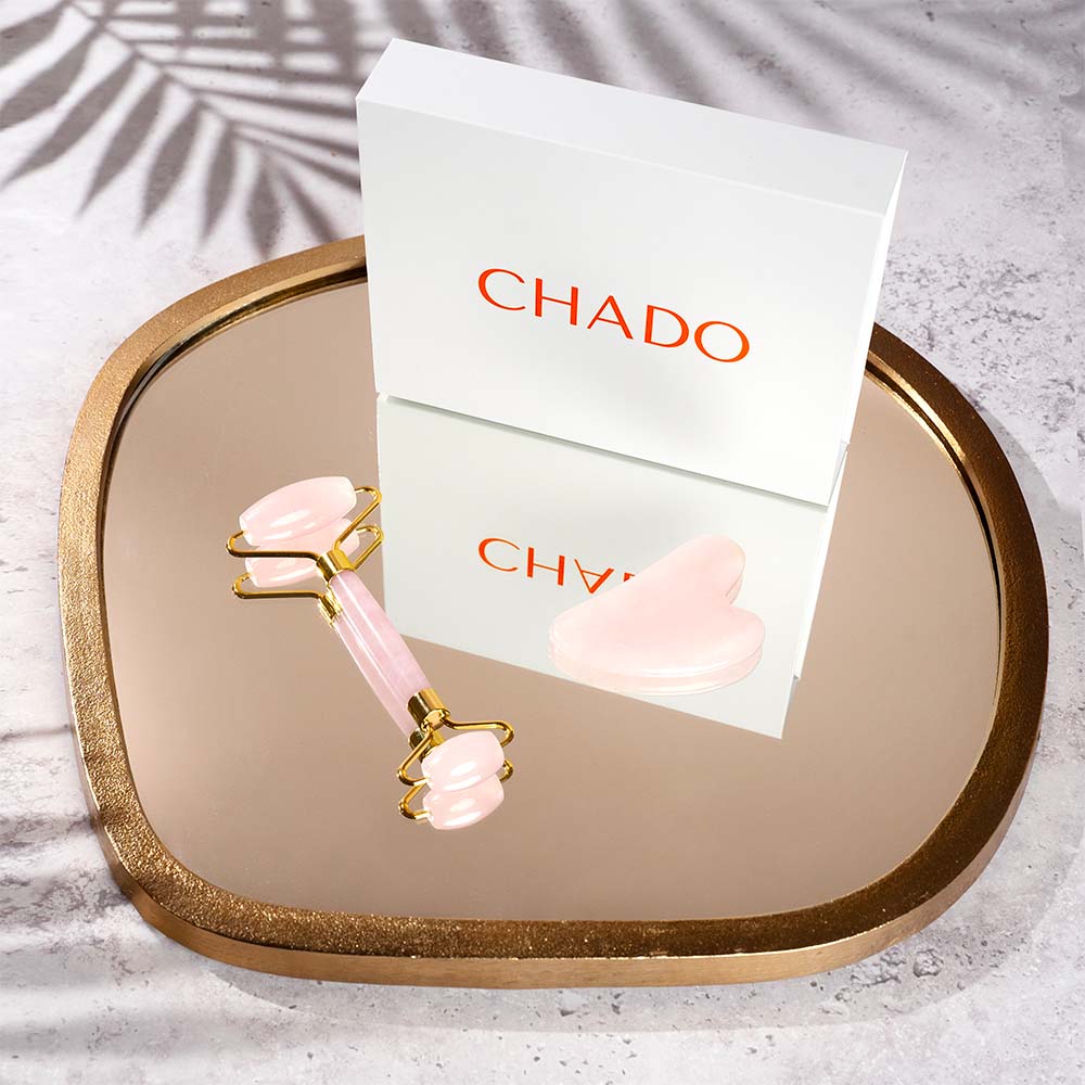 Roller & Gua Sha Set - Genuine Rose Quartz Facial Tools for Radiant Skin, Drain & Sculpt by CHADO Cosmetics