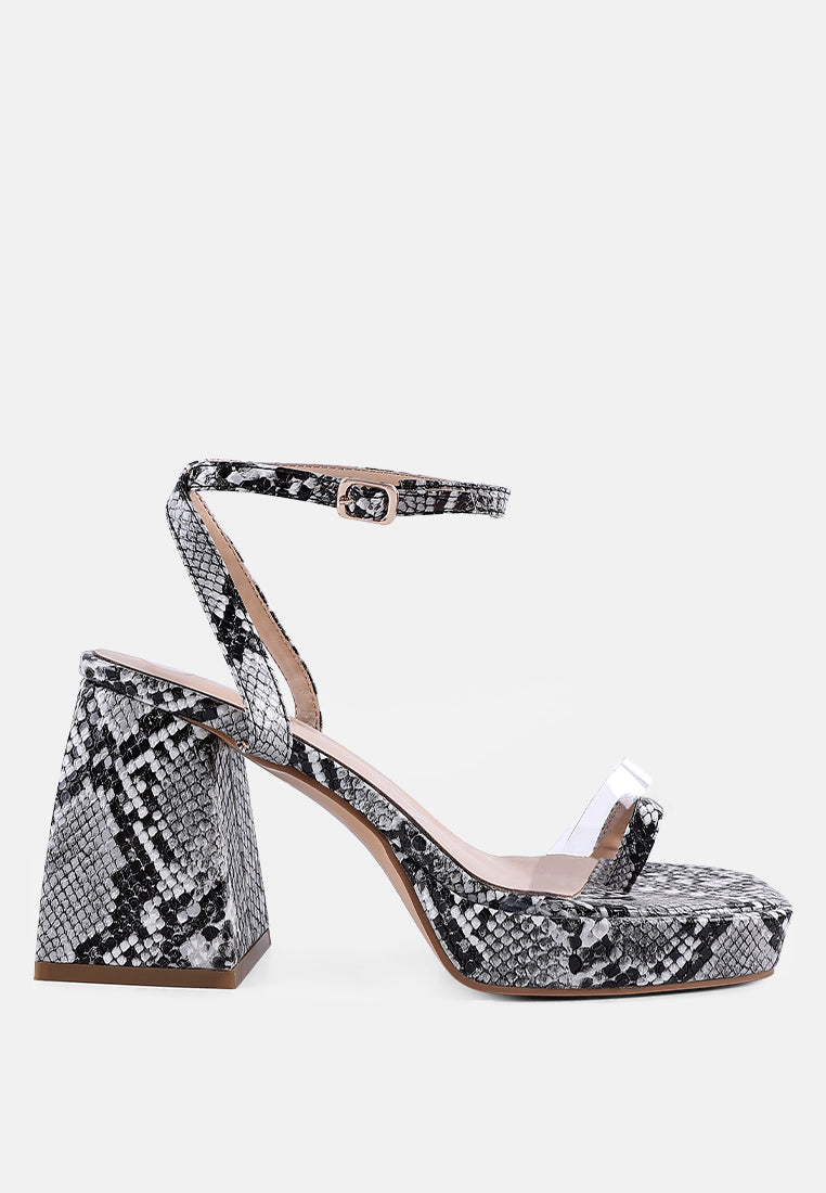 such a flirt snake print triangular block heel sandals by London Rag