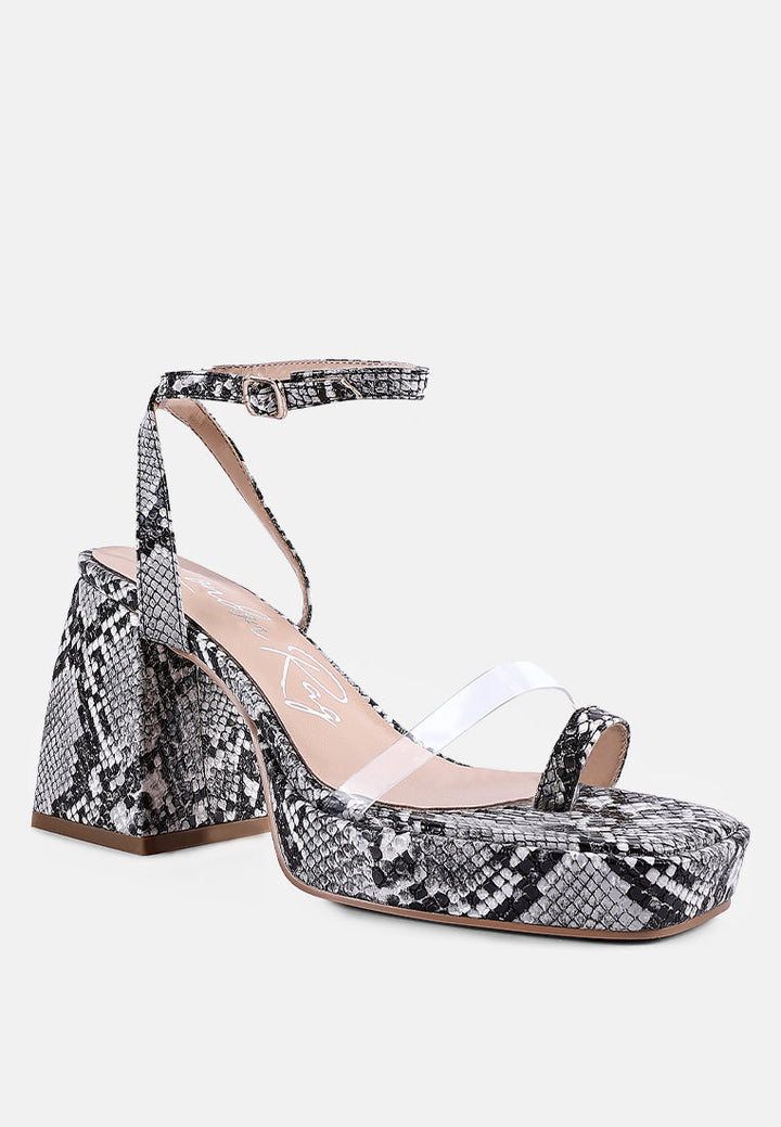 such a flirt snake print triangular block heel sandals by London Rag