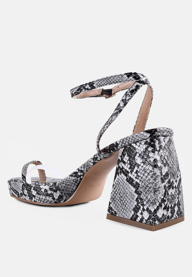 such a flirt snake print triangular block heel sandals by London Rag