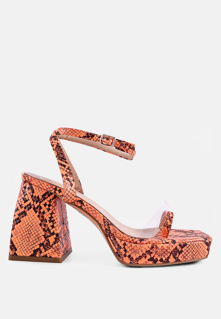 such a flirt snake print triangular block heel sandals by London Rag