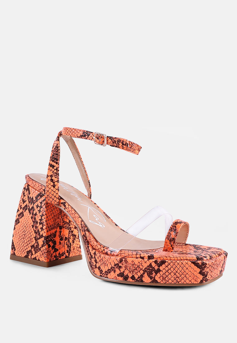 such a flirt snake print triangular block heel sandals by London Rag