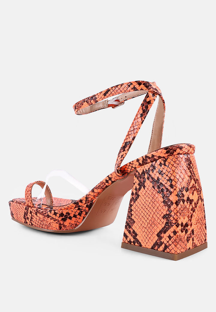 such a flirt snake print triangular block heel sandals by London Rag