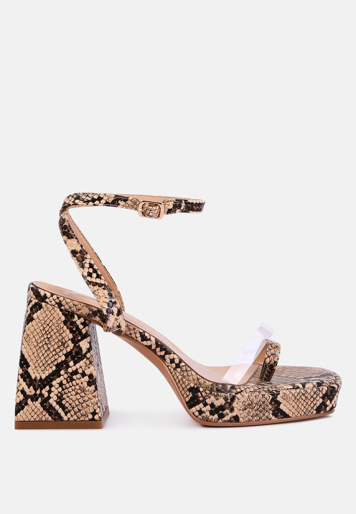 such a flirt snake print triangular block heel sandals by London Rag