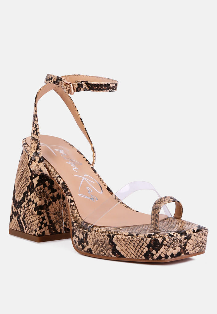 such a flirt snake print triangular block heel sandals by London Rag