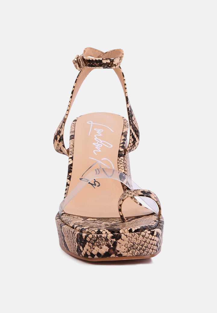 such a flirt snake print triangular block heel sandals by London Rag