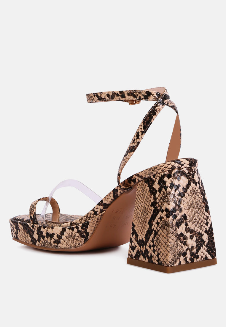 such a flirt snake print triangular block heel sandals by London Rag