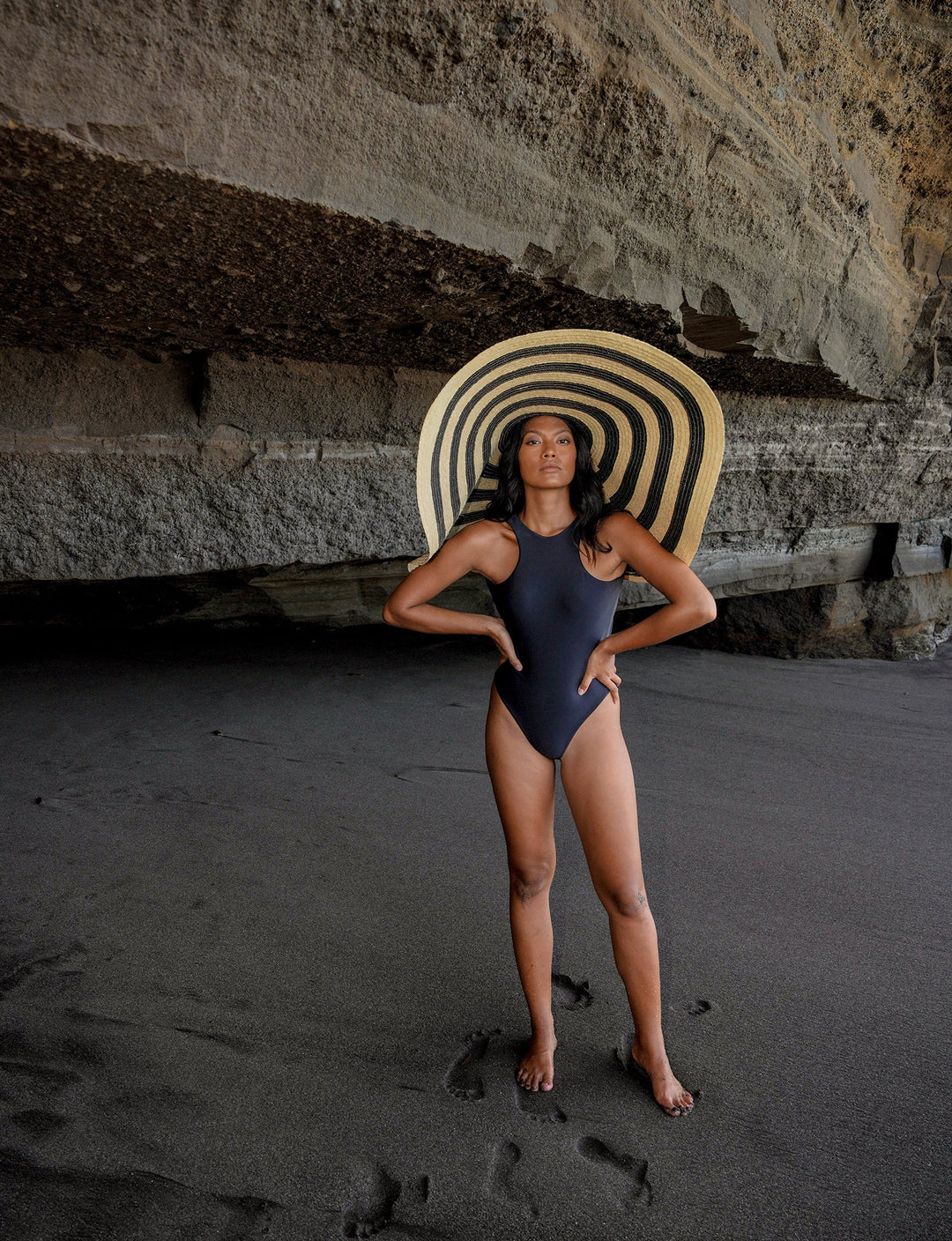 SOLANA Oversized Striped Straw Hat in Black & Natural by BrunnaCo