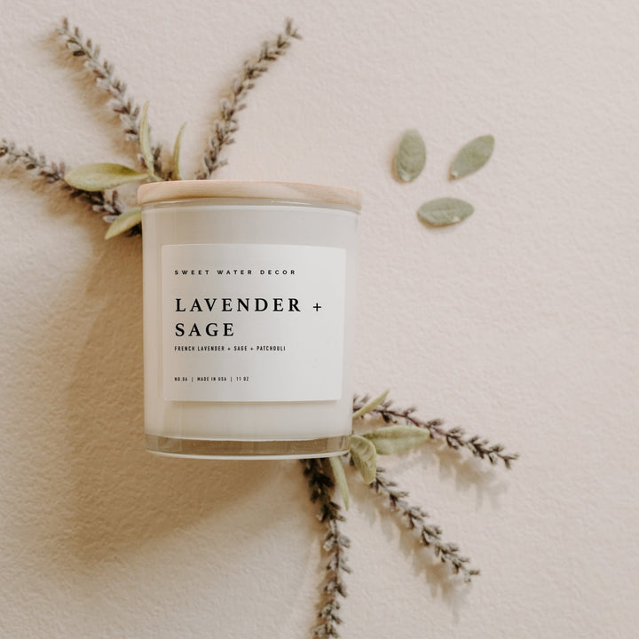 Lavender and Sage Soy Candle - White Jar - 11 oz by Sweet Water Decor