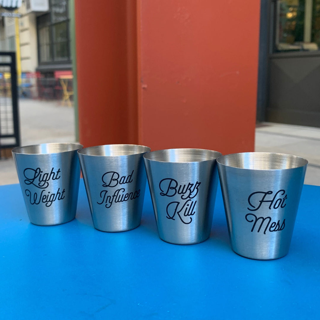 Set of 4 Personality Stainless Steel Shot Cups | Set of 4 Shot Glasses in Gift Bag by The Bullish Store