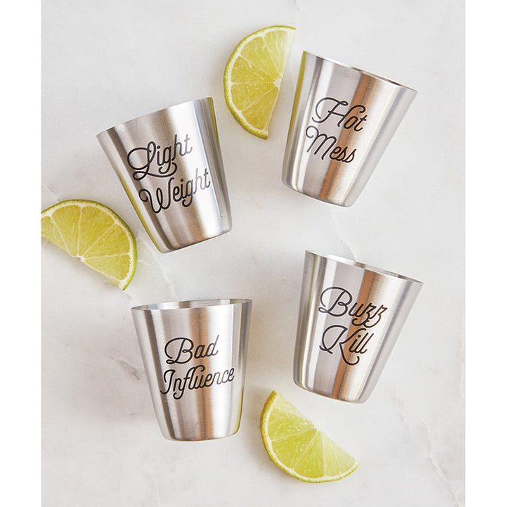 Set of 4 Personality Stainless Steel Shot Cups | Set of 4 Shot Glasses in Gift Bag by The Bullish Store