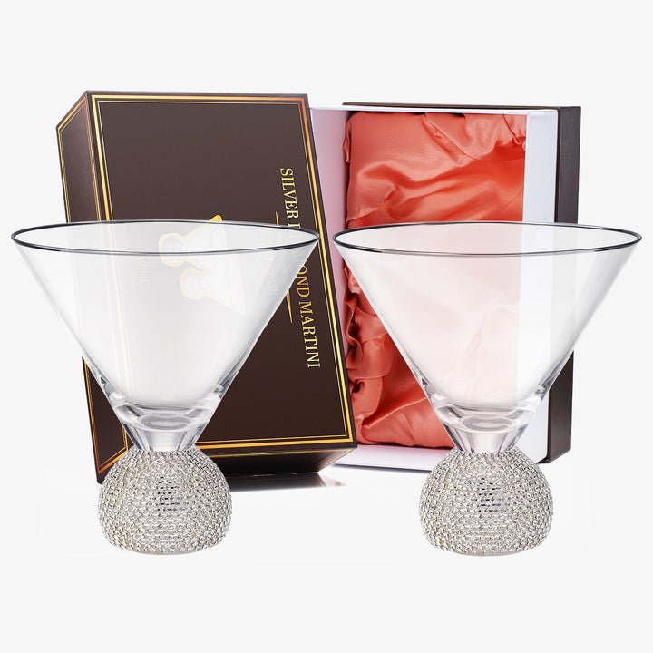 Diamond Studded Martini Glasses Set of 2 - The Wine Savant - Silver Rimmed Modern Cocktail Glass, Rhinestone Diamonds With Stemless Crystal Ball Base, Bar or Party 10.5oz, Swarovski Style Crystals by The Wine Savant