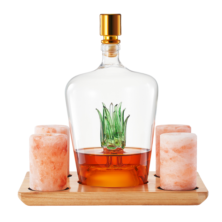 Tequila Decanter With Four Pink Himalayan Salt Shot Glasses Set, Perfect for Tequila Agave Liquor Lovers, 34 OZ Bottle, 1.6 OZ Shot Glass, Tequila, Liquor Party Decorations Cinco De Mayo (Agave) by The Wine Savant