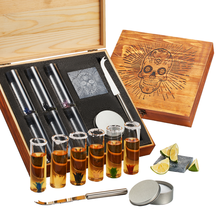 Tequila Shot Glass & Salt Gift Set for Men & Women | Six Agave Shot Glasses, Knife For Limes, One Skull Coaster, One Salt Tin | Skeleton Mahogany Wood Box Package For Tequila, Liquor Lovers by The Wine Savant