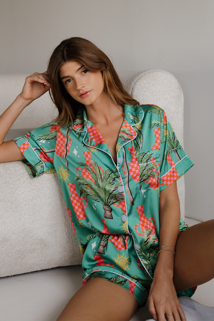 Trendy Tropical Satin Pajamas by Spikes and Seams