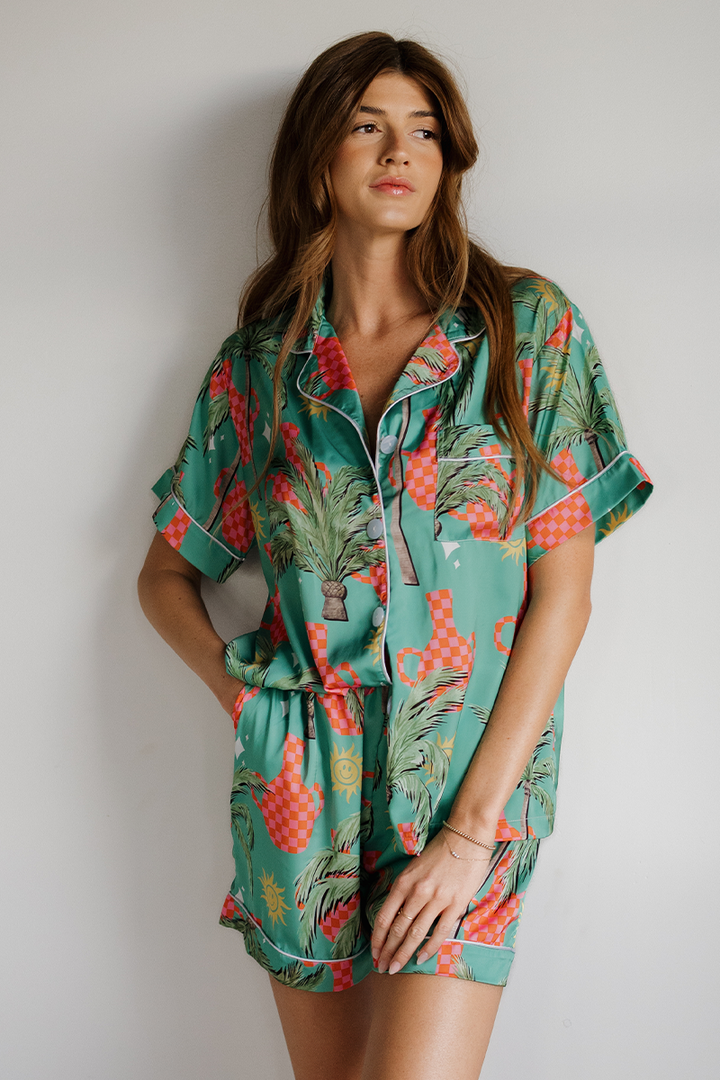 Trendy Tropical Satin Pajamas by Spikes and Seams