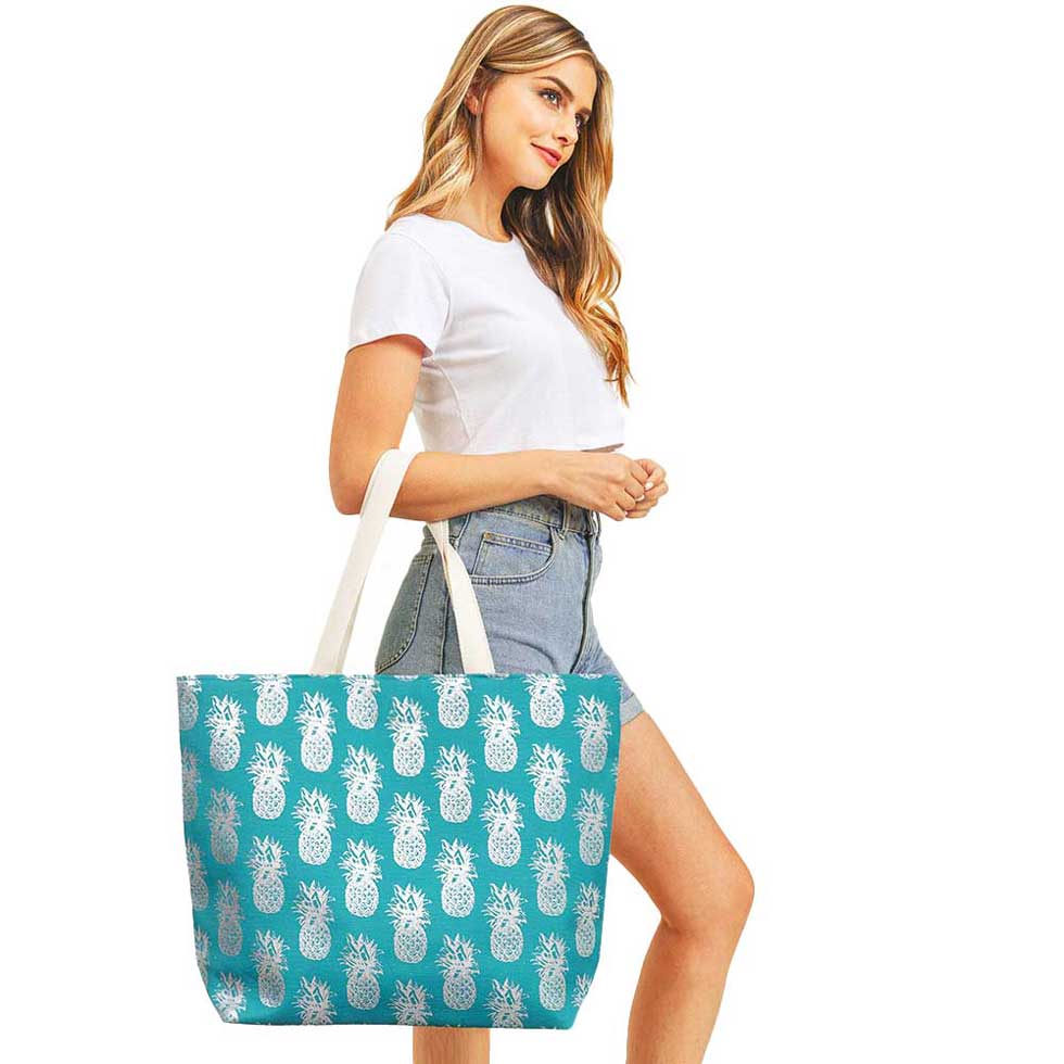 Metallic Pineapple Patterned Beach Tote Bag by Madeline Love